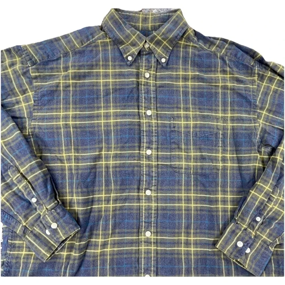 Banana Republic Flannel Shirt Men Large Blue Green‎ Button Up Tartan Plaid Camp